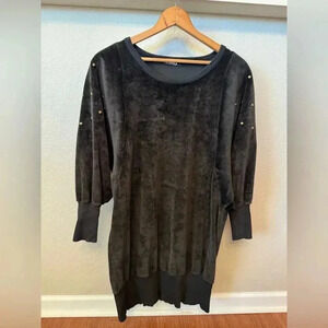 Vintage Black Velour Mini Sweatshirt Dress Banded Bottom Gold Stud Accents